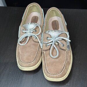 Sperry Size 7M Brown Silver Leopard Sequin Top Sider Women's Boat Shoes EUC